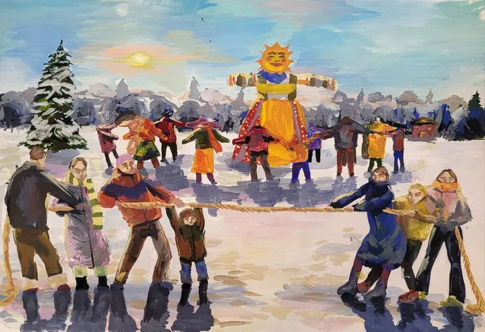 45 Постникова Алина,13 лет. Масленичные забавы. 2026 гуашь Пушкинская ДХШ