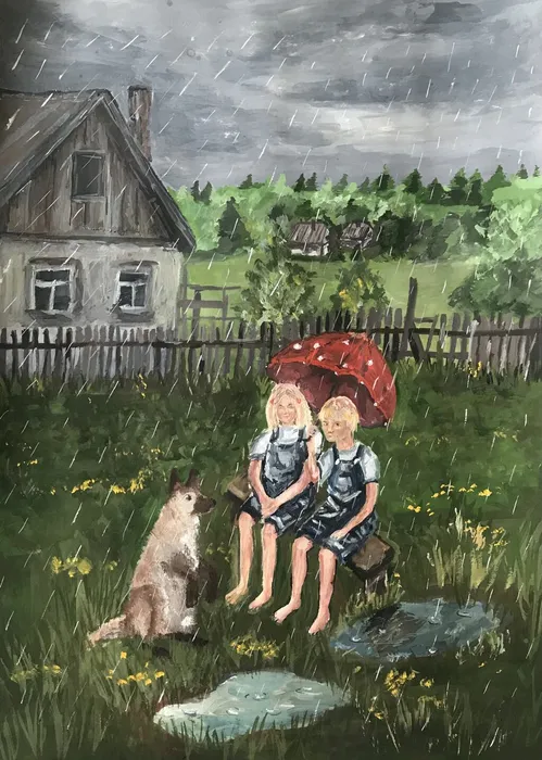 1 Винокурова Дарья, 16 лет. С братом на каникулах у бабушки. 2026. Гуашь. Щёлково. МАУДО ДШИ им.Ю.А.Розума