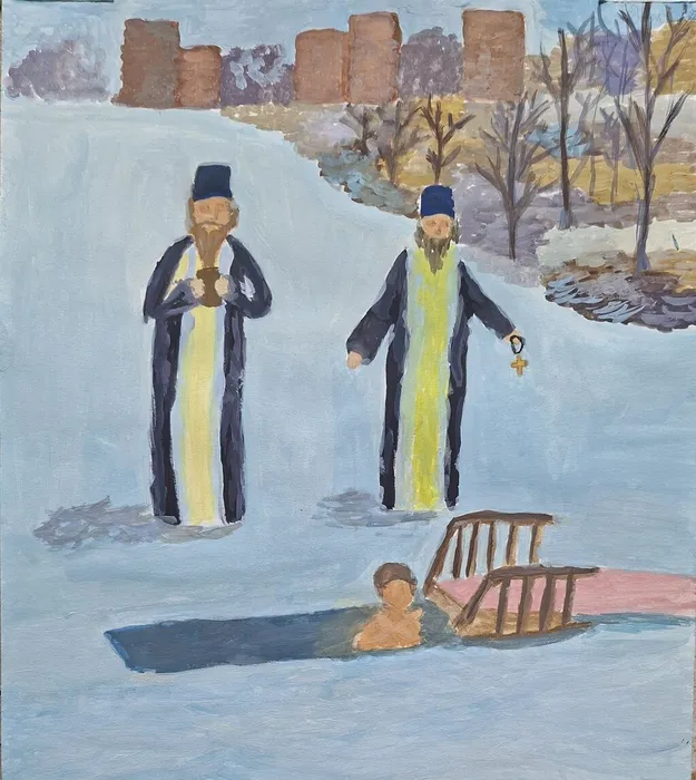 13 Копылова Василиса, 12 лет. Крещенское купание. 2026. Гуашь. Балашиха. МБУДО ДШИ 3.