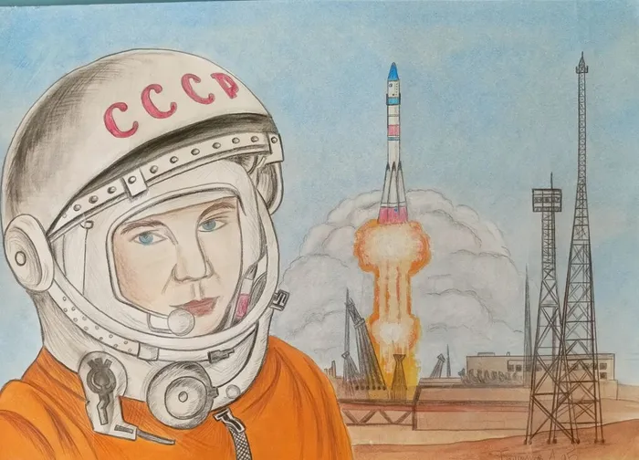 3 Башмаков Артём,16 лет. Полёт Юрия Гагарина. 2026. Цветной карандаш. Мордовия, г. Саранск МОУ  СОШ 39