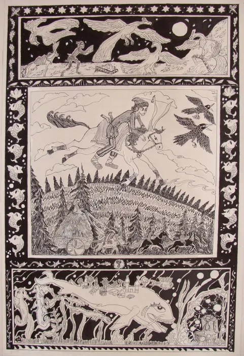 8 Мотяков Денис, 12 лет. Конёк-горбунок. 2026. Гелиевая ручка, маркер. п. Обухово, МУДО Обуховская ДШИ