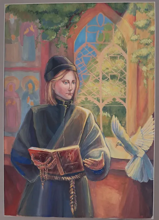 2 Панферова Юлия 16 лет. Алёша Карамазов. 2025 гуашь. Пушкинская ДХШ