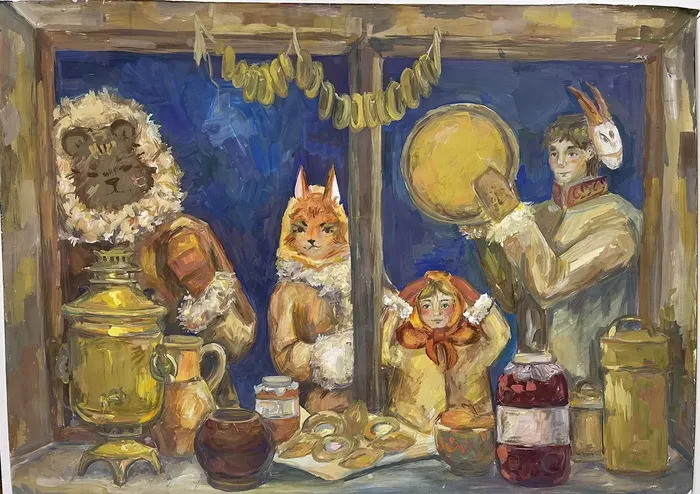 3 Добрынина Ксения 16 лет, Ряженые. Б., гуашь 2025 Одинцовская ДШИ Классика