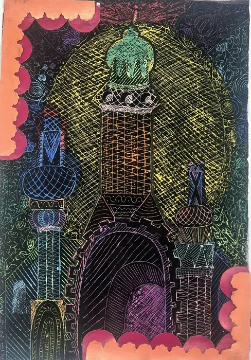 7 Елесина Дарья, 14 лет. Каменное узорочье. 2026. Граттаж. Балашиха, МБУДО ДШИ 1 им. Г.В. Свиридова