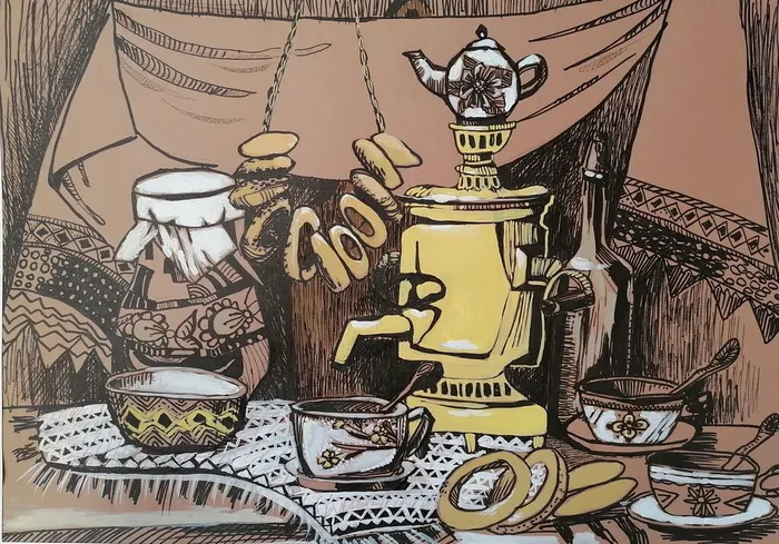 8 Камардина Кристина, 12 лет. Натюрморт с медным самоваром. 2026 г. Черный маркер, гуашь. Сергиево-Посадский г.о., МБУ ДО ДШИ № 5 г. Краснозаводск