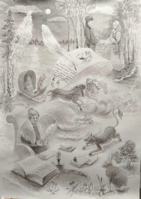 1 Николенко Елена Александровна, 45 лет. Образы А.С. Пушкина. 2026. Тушь, гелевая ручка.Балашиха. МБУДО ДШИ 3.