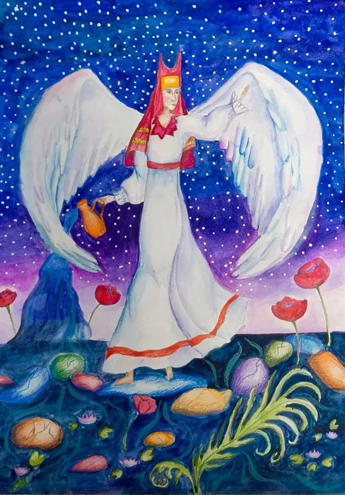 7 Митякова Эвелина 11 лет Богиня Макошь. см.тех., акв., цв. кар., сер.маркер. ОС МБУДО ЖДШИ 1