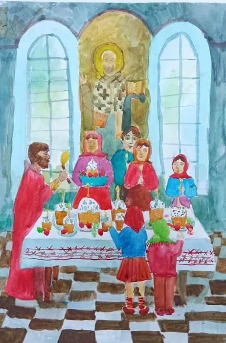 4 Балабанова София 10 лет, Освящение куличей, 2026 акварель, Серебряные Пруды МБУДО ДШИ Кившенко