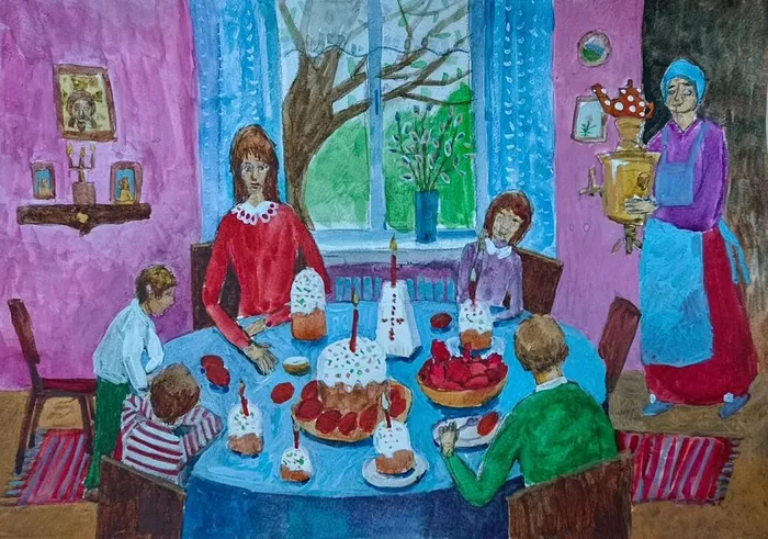 19 Щербаков Глеб 12лет, Пасхальная трапеза в моей семье, 2026 акварель гуашь Серебряные Пруды МБУДО ДШИ Кившенко