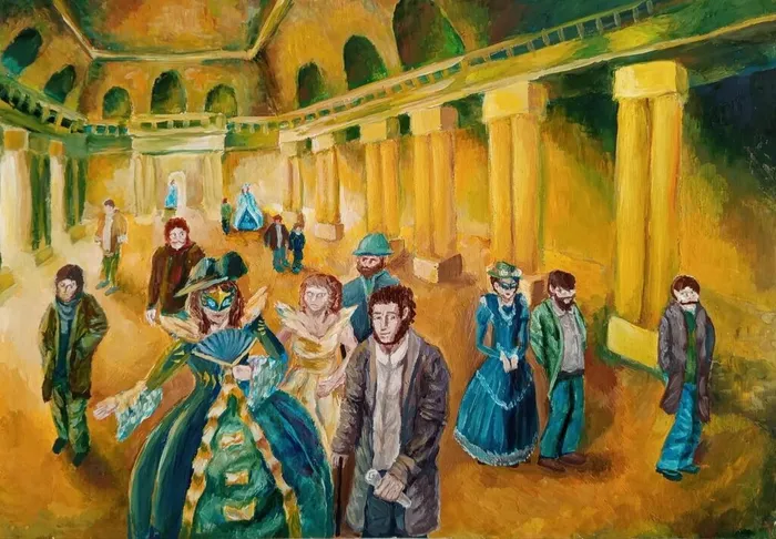 1 Бубнов Иван 16 лет. А. С. Пушкин Светское мероприятие . Гуашь. 2026.МАУ ДО ДШИ Лосино-Петровский г.о. им И.Ф.Обликина.