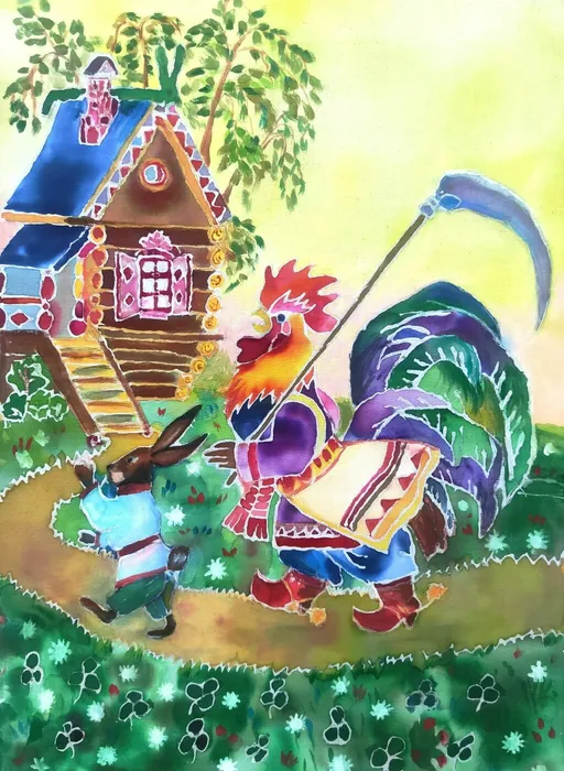 4 Пухтинов Егор, 13 лет. Заячья избушка. Батик. МБУДО ДШИ Времена года. г. Видное