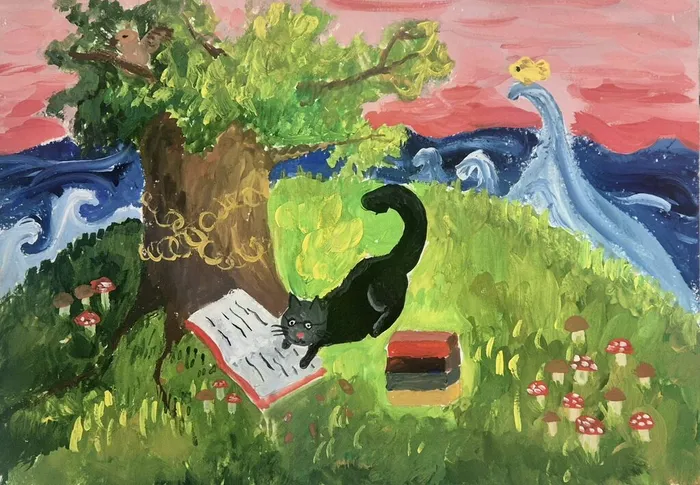 2 Волкова Кира, 10 лет. Кот ученый. 2026. Гуашь. Балашиха, МБУДО ДШИ 1 им. Г.В. Свиридова