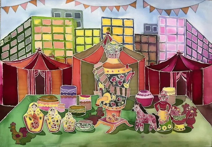 2 Малышева Анастасия, 16 лет. Ярмарка. 2026. Туаль, холодный батик. Коломна, МБУ ДО ДХШ им. М.Г. Абакумова