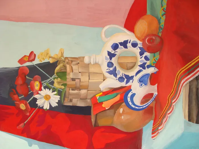 25 Степан Анастасия, 12 лет. Маки на красном. 2026. Гуашь. п. Обухово, МУДО Обуховская ДШИ