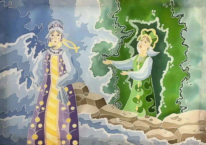 5 Гришаева Анастасия, 13 лет. Легенда о реках России. Двина, Пинега. 2026.Туаль, холодный батик. Коломна, МБУ ДО ДХШ им. М.Г. Абакумова