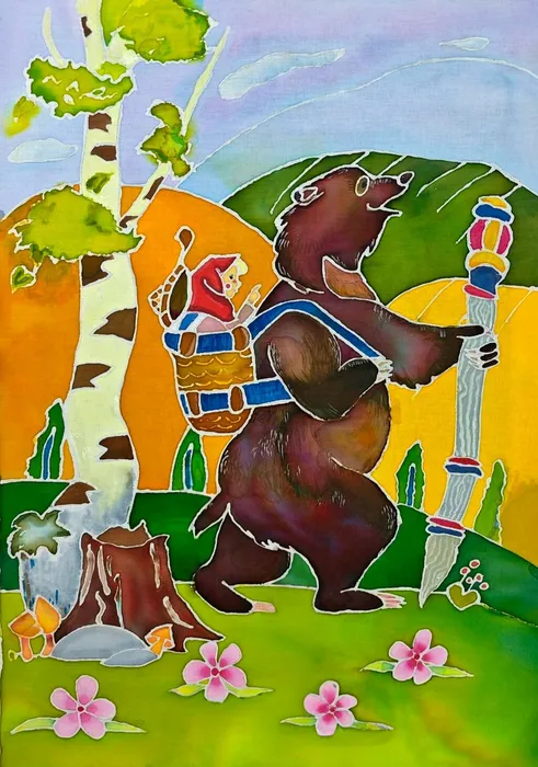 1 Бурлакова Алиса, 13 лет. Маша и медведь. Батик ДШИ Времена года. г. Видное