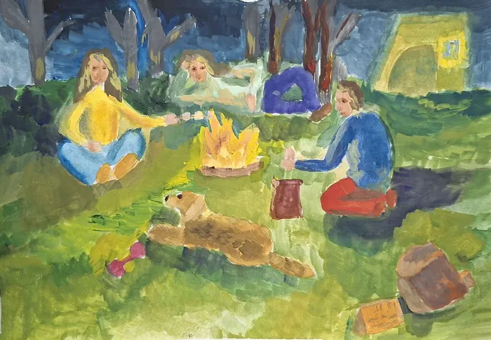 6 Кондаурова Катерина, 11 лет. Отдых моей семьи у костра. 2026. Гуашь. Балашиха. МБУДО ДШИ 3.