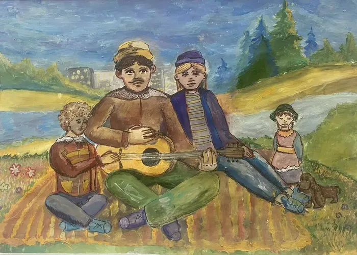 15 Старшинова Варвара, 12 лет, Семья на отдыхе, 2026, гуашь, м.о. Истра, МБУДО ДШИ им. В.А. Ширшова СП Глебовская ДШИ