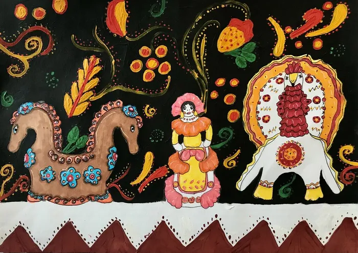 24 Солнцева Виктория, 12 лет. Натюрморт с дымковскими игрушками. Щёлково. МАУДО ДШИ им.Ю.А.Розума