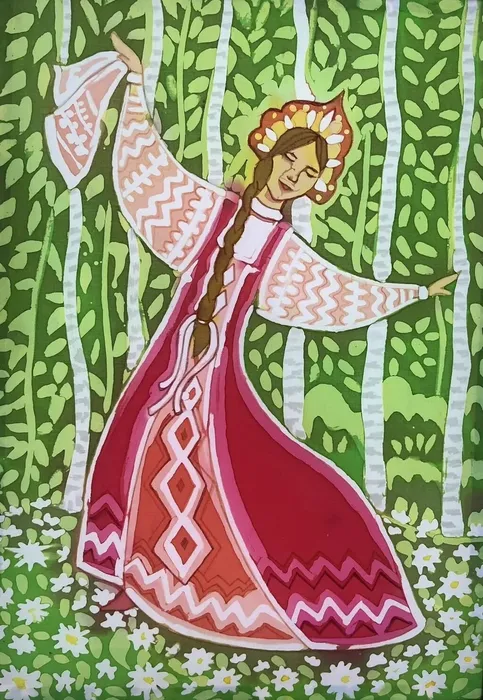 14 Лумпова Валерия 14 лет. Русская Березка. 2026. Перкаль, горячий батик. МБУ ДО ДХШ им. М.Г. Абакумова. г. Коломна