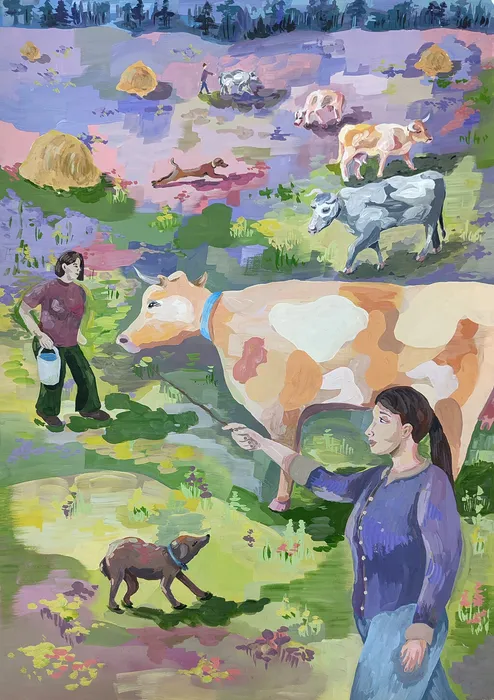 60 Ширкунова Евдокия 15 лет Выгон скота Первая зелень 2026 Гуашь Электросталь ДХШ