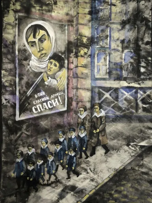 9 Малых Артемий, 14 лет. Начало тяжелых дней блокады. 2025. Тушь, гуашь. р.п.Скоропусковский,  МБУ ДО ДШИ № 1