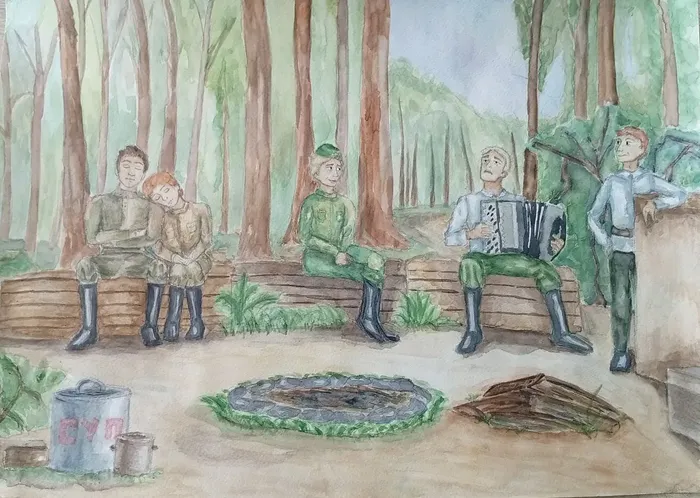 17 Чувальский Ольга, 14 лет. На привале, 2026. Акварель. Балашиха, МБУДО ДШИ 3.