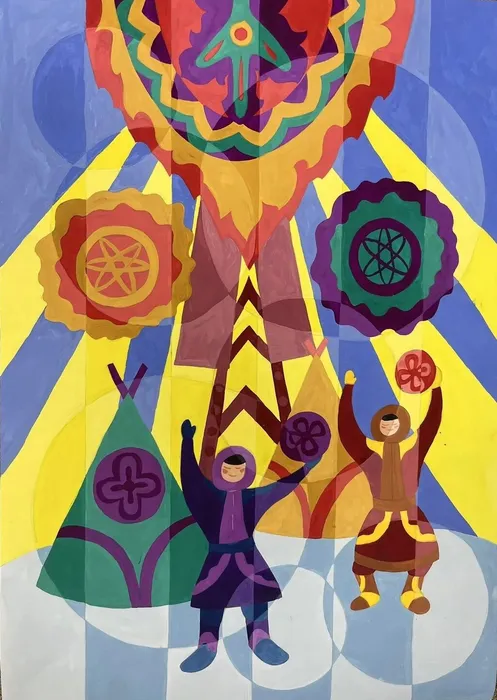 25 Корнеева Алиса, 14 лет. Северный танец с бубнами. 2026. Гуашь. Коломна, МБУ ДО ДХШ им. М.Г. Абакумова