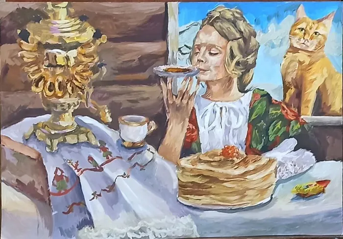 19 Егорова Александра, 15 лет. Душевные посиделки на Масленицу. 2026. Гуашь. Щелково, ДШИ им. Ю.А.Розума